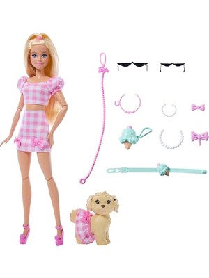 Barbie Uyumlu Dostlar Sarı Saçlı Bebek ve Köpekçiği, Pötikare Desenli, Pembe Renkli Kıyafetler Giyen ve Güneş Gözlüğü, Kolye ve Fiyonk Gibi Aksesuarlar Takan, JFP36