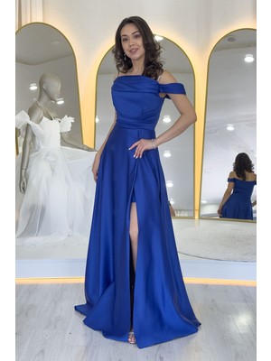 The Zks-Kadın Taş Askılı Düşük Omuz Saten Yırtmaçlı Abiye Elbise Siyah, Beyaz, Bej, Saks Mavi, Lacivert