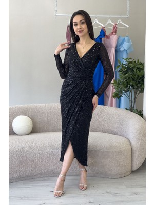 Thezkscom-Kadın Kruvaze Yaka Payet Tasarım Uzun Kollu Abiye Elbise Lacivert, Siyah, Bordo