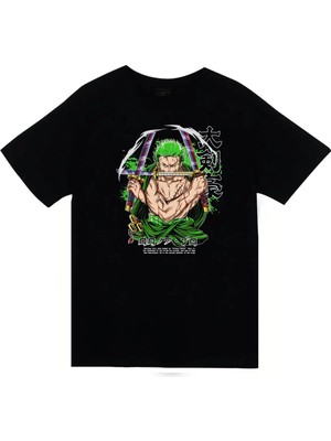 stonedfame One Piece - Ronoa Zoro - Anime Baskılı Unisex %100 Pamuk Siyah T-Shirt