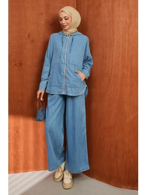 İmaj Butik Mavi Kapuşonlu Tunik Pantolonlu Kot Takım