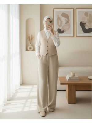 Modamorfo Cep Detaylı Düğmeli Scuba Yelek -Bej