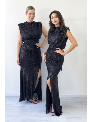 The Zks-Dik Yaka Kuşak Detay Yırtmaçlı Pul Payet Abiye Elbise Pudra, Bordo, Lacivert, Gümüş, Siyah, Bej