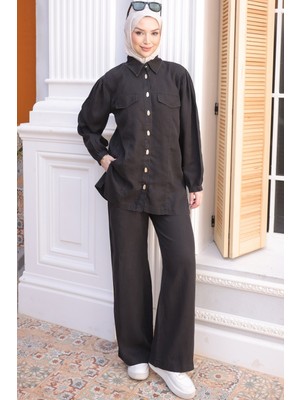 İmaj Butik Siyah Düğmeli Gömlek Pantolonlu Tencel Kot Takım