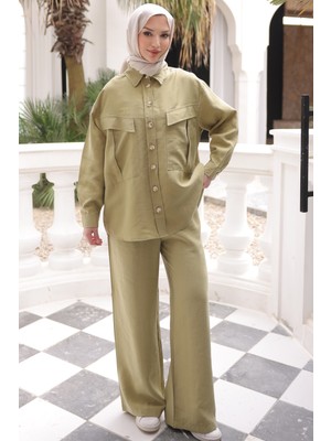 İmaj Butik Yağ Yeşili Cepli Tunik Pantolonlu Tencel Takım