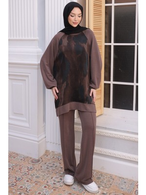 İmaj Butik Kahverengi Tunik Fermuar Detaylı Pantolonlu Takım