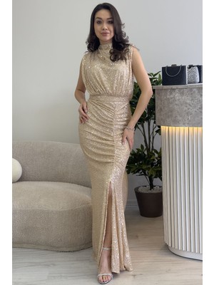 The Zks-Dik Yaka Kuşak Detay Yırtmaçlı Pul Payet Abiye Elbise Pudra, Bordo, Lacivert, Gümüş, Siyah, Bej