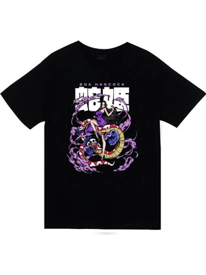 stonedfame One Piece - Boa Hancock - Anime Baskılı Unisex %100 Pamuk Siyah T-Shirt