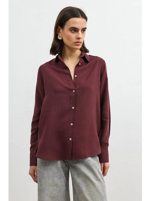 Antioch Bordo 100% Lyocell Çizgili Kadın Gömlek