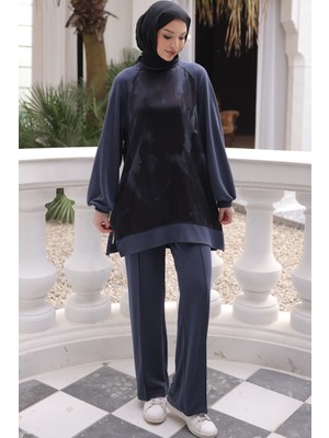 İmaj Butik Lacivert Tunik Fermuar Detaylı Pantolonlu Takım