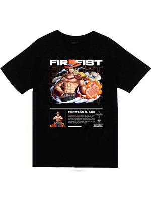 stonedfame One Piece - Portgas D. Ace - Anime Baskılı Unisex %100 Pamuk Siyah T-Shirt