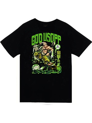 stonedfame One Piece - Usopp - Anime Baskılı Unisex %100 Pamuk Siyah T-Shirt
