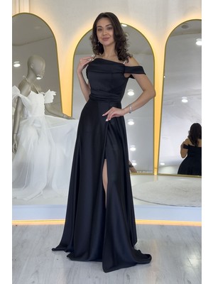 Thezkscom-Kadın Taş Askılı Düşük Omuz Saten Yırtmaçlı Abiye Elbise Siyah, Beyaz, Bej, Saks Mavi, Lacivert