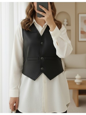 Modamorfo Cep Detaylı Düğmeli Scuba Yelek -Siyah