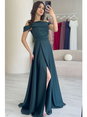 Zks Grup Tekstil-Kadın Taş Askılı Düşük Omuz Saten Yırtmaçlı Abiye Elbise Siyah, Beyaz, Bej, Saks Mavi, Lacivert