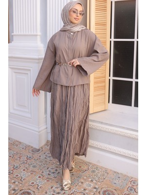 İmaj Butik Vizon Zincir Kemer  Detaylı Gömlek Kraş Etekli Takım