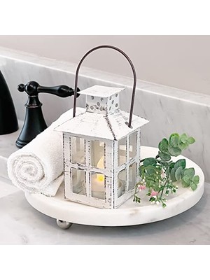 14110WT Vintage Beyaz Eskitilmiş Küçük Fener Mum, Demir