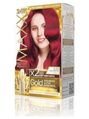 Maxx Deluxe Gold Serisi 24K Altın Parçacıklı Serum ile 1 Kutu 2 x 50 ml ve Geliştiriciler Saç Boyası (Çilek Kırmızısı 5.65)