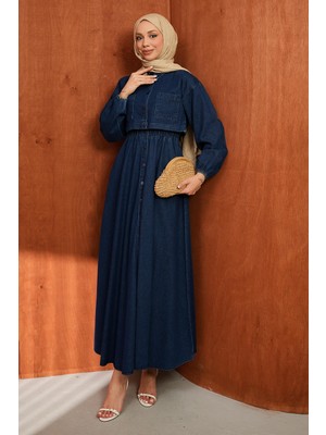 İmaj Butik Lacivert Ceket Kombinli Kot Elbise