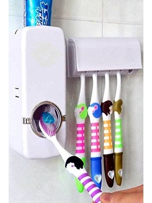 Otamatik Diş Macunu Sıkacağı ve 5 Adet Diş Fırçalığı Macun Sıkacak Diş Fırçası Banyo Askı Seti