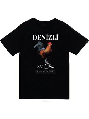 stonedfame Denizli - 20 - Pamukkale - Horoz - Şehir Baskılı Unisex %100 Pamuk Siyah T-Shirt