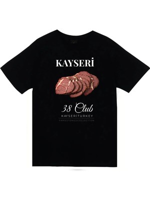 stonedfame Kayseri 38 Erciyes Dağı Pastırma Şehir Baskılı Unisex %100 Pamuk Siyah T-Shirt