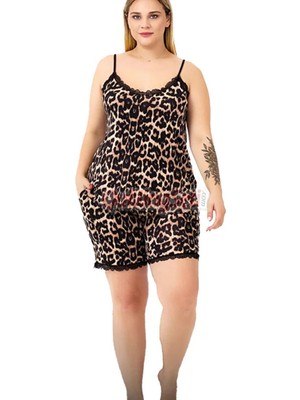 Lady Leopar Desenli Askılı Yaka 10444 Şortlu Büyük Beden Anne Pijama Takımı