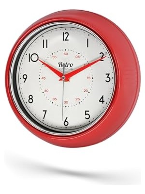 New-Max Premium Serisi Retro Tasarım Metal Kadranlı Bombeli Cam Özellikli 25 cm Ev ve Ofis Saati Kırmızı, 25CM