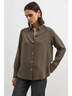 Antioch Haki 100% Lyocell Çizgili Kadın Gömlek