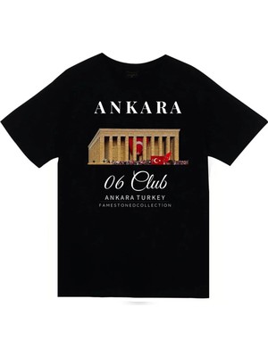 stonedfame Ankara - 06 - Anıtkabir - Atatürk - Türk Bayrağı - Şehir Baskılı Unisex %100 Pamuk Siyah T-Shirt