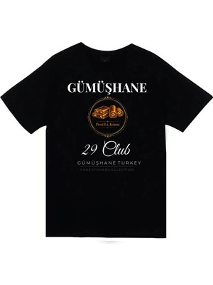 stonedfame Gümüşhane - 29 - Pestil - Köme - Şehir Baskılı Unisex %100 Pamuk Siyah T-Shirt