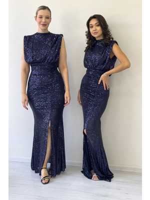 The Zks-Dik Yaka Kuşak Detay Yırtmaçlı Pul Payet Abiye Elbise Pudra, Bordo, Lacivert, Gümüş, Siyah, Bej