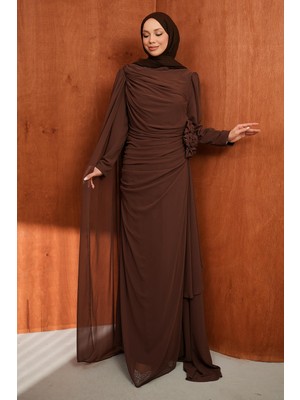 İmaj Butik Kahverengi Önü Drapeli Büyük Beden Abiye
