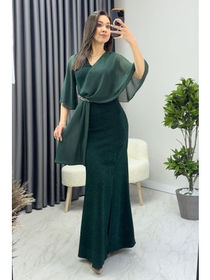 Zks Grup Tekstil- Kadın Taş Detaylı Volan Kol Simli Abiye Elbise Saks, Gri, Lila, Bordo, Lacivert, Yeşil