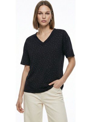 Rays Siyah Taşlı V Yaka Kısa Kol Tişört 1761