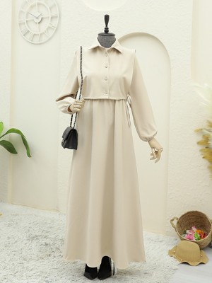 Modamorfo Üstü Gömlek Detaylı Elbise Takım  -Açık Vizon