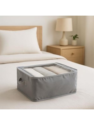 Deconox Çok Amaçlı Düzenleyici Kutu Dik Duruş Sağlayan Telli Iç Yapı ve Şeffaf Pencereli Kıyafet, Oyuncak, Çamaşır Saklama Organizeri Katlanabilir Kumaş Kutu (45X30X20 cm Gri ve Kahve Renk) (Kahve)