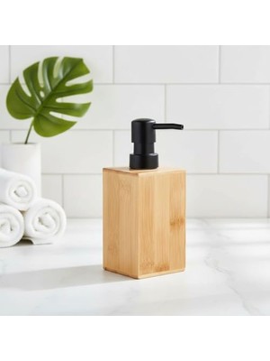 Deconox Bambu Sıvı Sabunluk | Ahşap El Sabunu, Losyon ve Şampuan Dispenseri | Modern Banyo, Mutfak ve Lavabo Düzenleyici (255ML) | Kare Bambu Sıvı Sabunluk | Mat Siyah Pompalı Ahşap Sabun Şişe