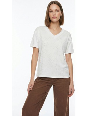 Rays Ekru Taşlı V Yaka Kısa Kol Tişört 1761