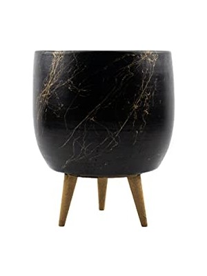 Bitki Tasarımı Ev Dekorasyon Aksesuar Siyah Üzeri Gold Mermer Efektli Toprak Saksı Saksılık Salon Çiçeklik 3 Ayaklı - 19 cm