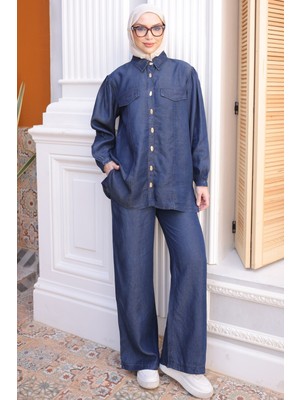 İmaj Butik Lacivert Düğmeli Gömlek Pantolonlu Tencel Kot Takım
