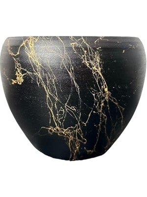 Bitki Tasarımı Ev Dekorasyon Siyah Üzeri Gold Mermer Efektli Toprak Saksı Saksılık Salon Çiçeklik - 15 cm