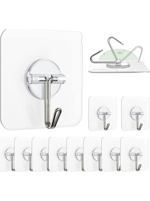 Aee® 10 Adet Şeffaf Duvar Askısı Iz Bırakmayan Güçlü Yapışkanlı Kapı Arkası Banyo Mutfak Düzenleyici Metal Kanca Askılık