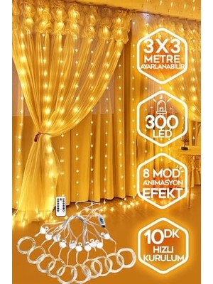 Kumandalı Peri Tel LED Aydınlatma 300 Ledli Perde Işık 10 Saçaklı 3x3 Metre Dekoratif Duvar Işığı Parti ve Yılbaşı Süsü USB Kablolu          [enerji Sınıfı A]