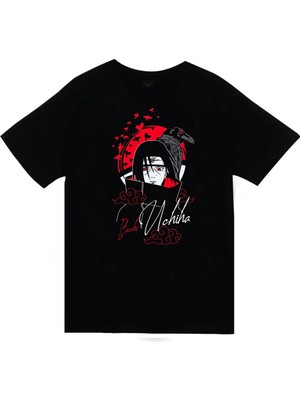 stonedfame Naruto - Itachi Uchiha - Anime Baskılı Unisex %100 Pamuk Siyah T-Shirt