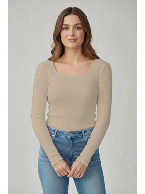 CHEISU Kadın Bej Uzun Kollu Kare Yaka T-Shirt Bluz Kaşkorse Fitilli