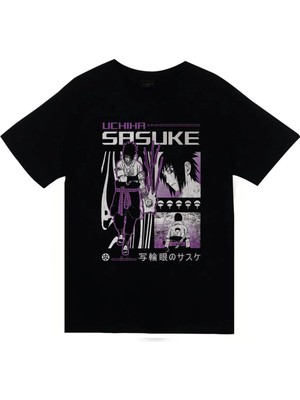 stonedfame Naruto - Sasuke Uchiha - Anime Baskılı Unisex %100 Pamuk Siyah T-Shirt