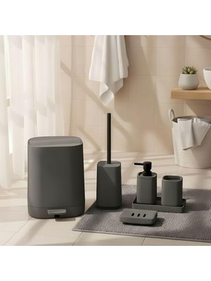 Amberhaus 5 Parça Lüks Akrilik Banyo Seti | Antrasit Mat & Bej | Kırılmaya Dayanıklı, Soft Dokulu Mat Yüzey | Diş Fırçalık, Sıvı Sabunluk, Tuvalet Fırçası, Katı Sabunluk, Pedallı Çöp Kovası (Gri)