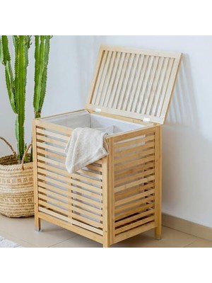 Amberhaus 105 Litre Çift Bölmeli Bambu Çamaşır Sepeti - Renkli ve Beyaz Çamaşır Ayrıştırıcı - Çıkarılabilir Torbalı Kapaklı Kirli Sepeti (59X53X35 Cm)