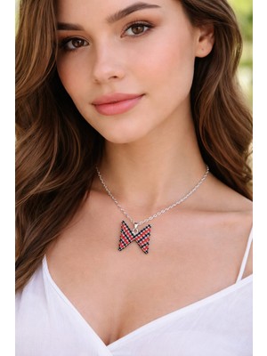 Klc Takı Rodyum Kaplama Kırmızı Siyah Taşlı Kelebek Kolye